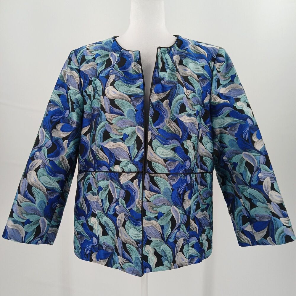 Kasper Blue Multi Patterned Open-Front Blazer
